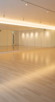 Empty bright dance studio with large mirrors and polished wooden floor reflecting soft overhead lighting, ideal for fitness and movement classes
