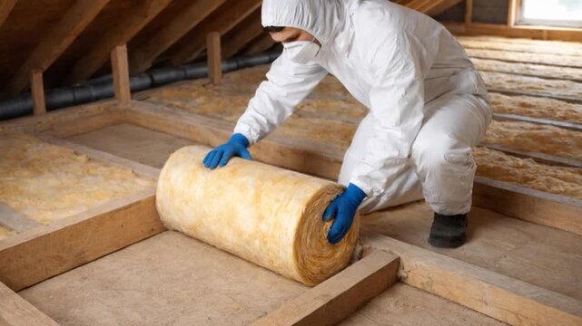 Worker preparing thermally insulating house attic with glass wool.


