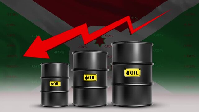 Oil Price Decline with Burundi Flag and Falling Barrel Market Graph