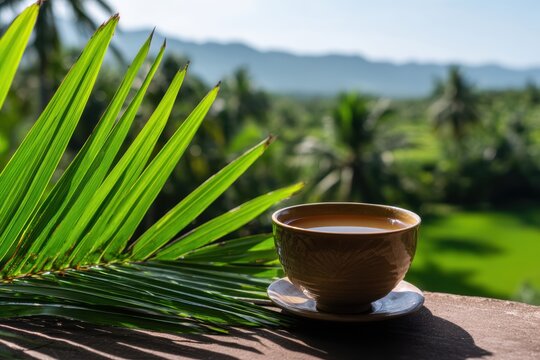 緑の風景を背景にしたバルコニーのコーヒーカップ