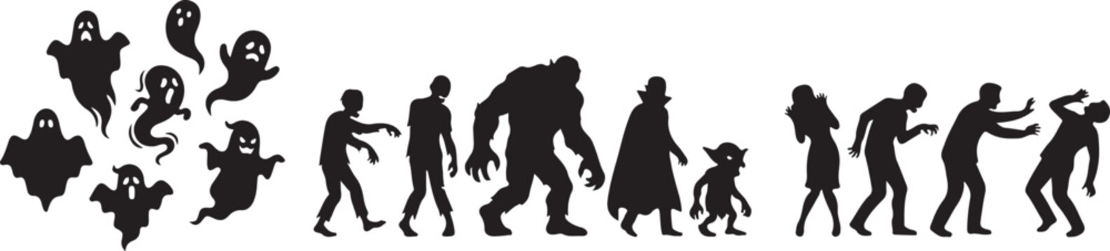 Black silhouettes, zombie icons, undead creatures, monster graphics, 20 silhouette characters