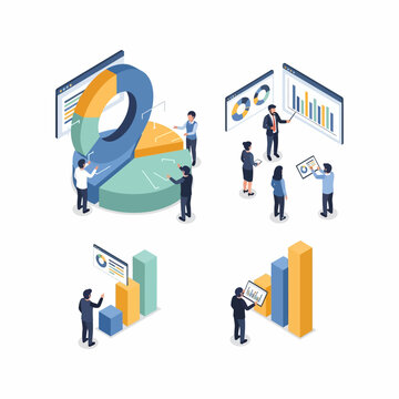 Isometric illustration of business people analyzing data and financial charts.