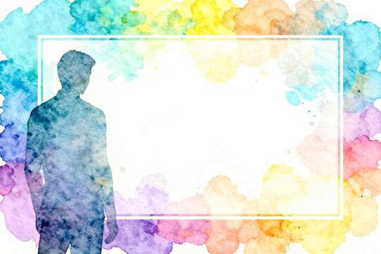 Silhouette Of Individual Against Vibrant Watercolor Backdrop Composed Various Shades Including Blue Yellow Pink Orange Purple Brown Person