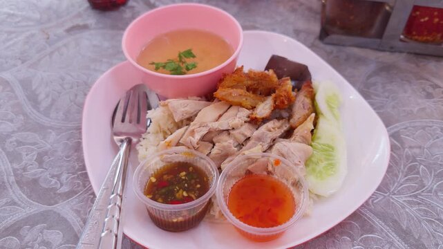 Thai Poached and Fried Chicken Rice Dish Served on Plate with Dipping Sauce