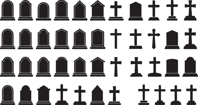Gothic gravestone silhouettes set, 40 tombstone and cross icons, black cemetery headstone vector collection for Halloween and funeral design