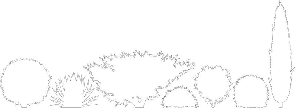 Minimalist tree line art vector, architectural landscape plant silhouettes, garden shrub and bush outlines for site plans and elevation drawings