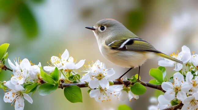 Static close up shot of ruby crowned kinglet making small turns and hops on blossoming branch in spring garden with soft bokeh background