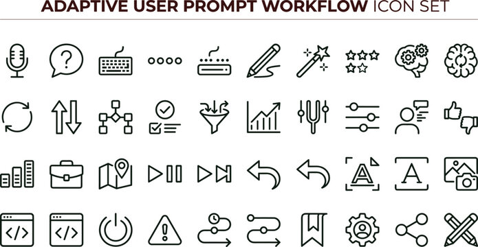 Adaptive user prompt workflow outline icon set featuring interaction controls customization interface vector collection for dashboards interfaces presentations applications platforms