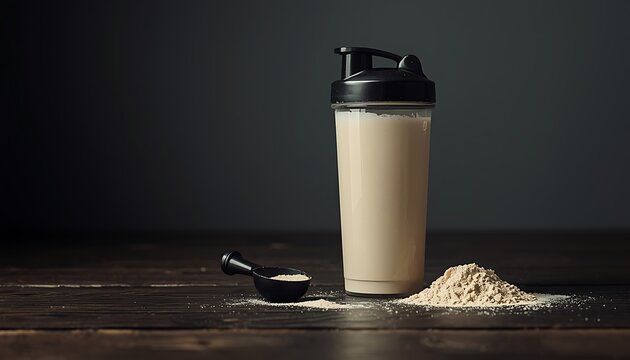 Protein shake and powder on a dark wooden table with a scoop, ready for a healthy drink
