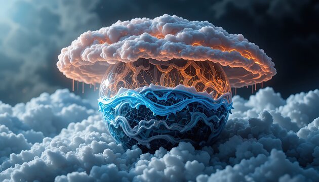 Surreal composition with glowing sphere above swirling blue waves and luminous mushroom cloud in mist symbolizing cosmic imagination environmental concept and dreamlike atmosphere