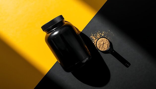 Protein powder supplement in a black container with a scoop on a yellow and black background, healthy nutrition and fitness concept