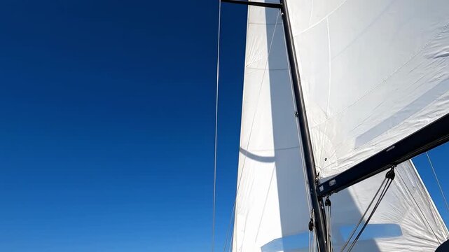 Calm sailboat mast with white sail against clear blue sky