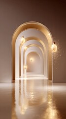 Obraz premium Luxury golden arched corridor with reflective floor and warm light for elegant architectural background and interior design poster