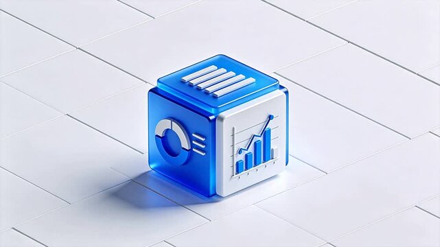 Blue cube with data charts on tiled floor