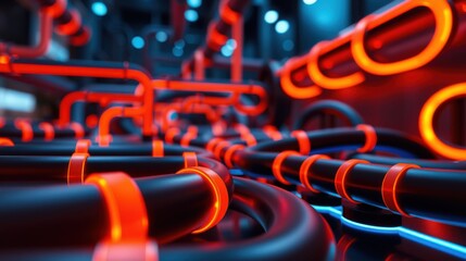 Fototapeta premium Futuristic network, glowing tubes, complex system. Dark background emphasizes vibrant red, blue illumination. Abstract digital art.