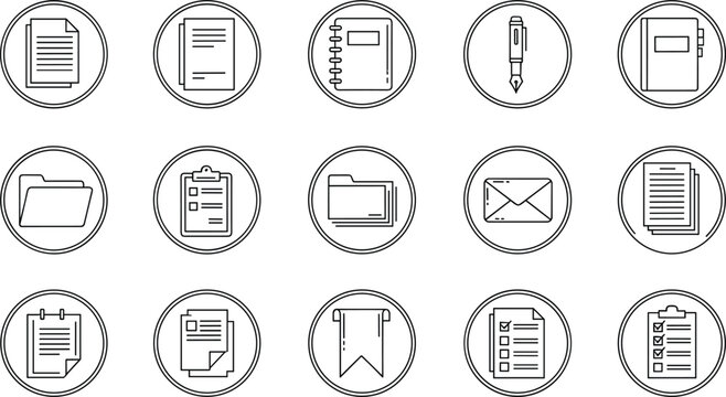 Document and office badge icon set with files, folders, checklist, notebook and envelope symbols, minimal line vector collection for business and organization design