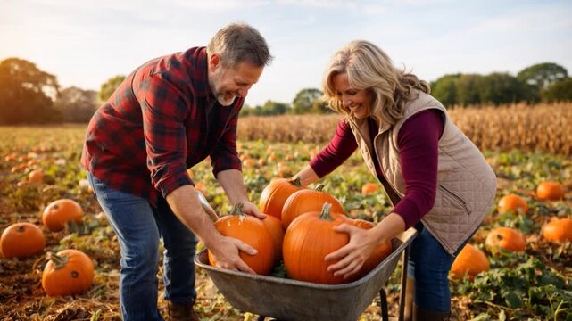 Overjoyed adult couple harvest farm pumpkin patch with wheelbarrow.

