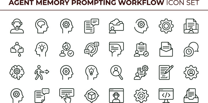 Agent memory prompting workflow outline icon set featuring cognition knowledge processing communication vector collection for dashboards interfaces presentations applications platforms