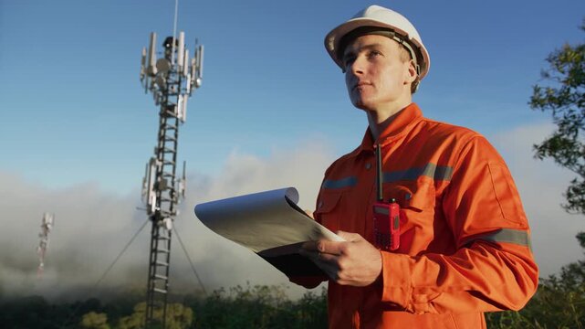 Telecom engineer with blueprint inspects communication towers for signal transmission, internet speed upgrades, and future 5G/6G infrastructure.