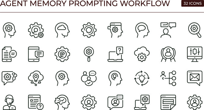 Agent memory prompting workflow outline icon set featuring cognition processing knowledge retention vector collection for dashboards interfaces presentations applications platforms
