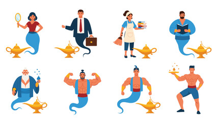 Fototapeta premium A diverse set of eight cartoon genie characters, both male and female, depicted emerging from magic lamps, symbolizing wishes and different professions.