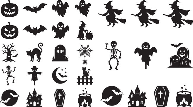 Halloween silhouette icon set, spooky black vector elements with witches and ghosts, creepy holiday graphics for party invitations and decor