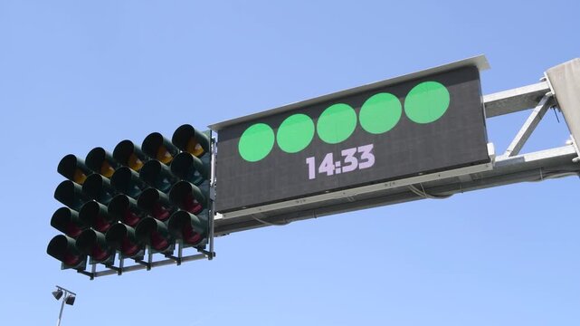 Green light start signal with countdown timer motorsport race go ahead concept and timing control