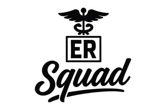 Black and white emblem displaying ER Squad with a caduceus and winged design high quality professional