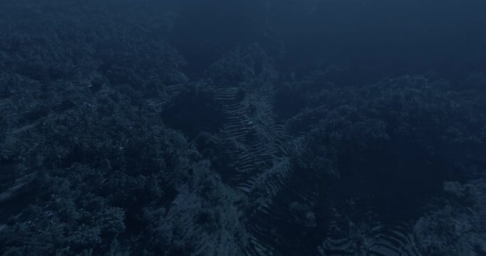 Flying above rice terraces in Indonesia at night. Wide angle lens shot. Camera is moving backward