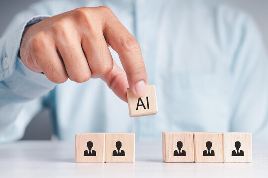 Artificial intelligence transforming human resources. Placing AI wooden blocks among human icons. AI transforming human resources, recruitment automation, workforce transformation, the future of work.