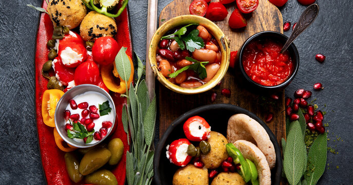 Assorted Arabic meze and appetizers.
