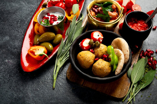 Assorted Arabic meze and appetizers.
