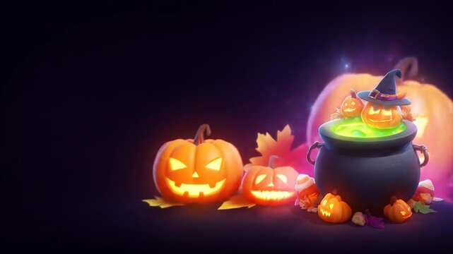 Cartoon halloween illustration featuring cauldron pumpkins and witch hat