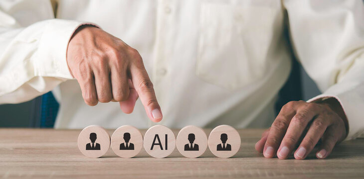 Artificial intelligence transforming human resources. Placing AI wooden blocks among human icons. AI transforming human resources, recruitment automation, workforce transformation, the future of work.