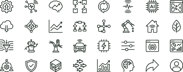 Fototapeta premium Artificial intelligence automation workflow outline icon set featuring smart analytics robotics integration vector collection for dashboards interfaces presentations applications platforms