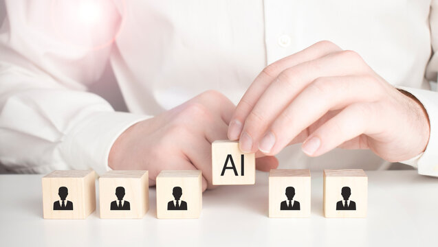 Artificial intelligence transforming human resources. Placing AI wooden blocks among human icons. AI transforming human resources, recruitment automation, workforce transformation, the future of work.