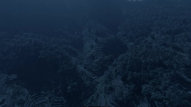 Top shot of rice terraces in South Asia at night. Wide angle lens shot. Camera is moving backward