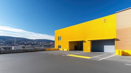 Obraz premium Modern Yellow Industrial Warehouse Exterior with Loading Docks