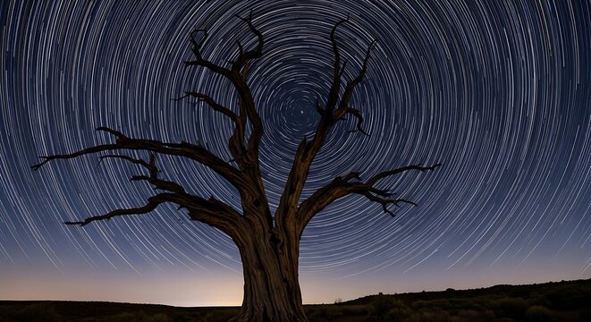 Star trails around a solitary dead tree in a desert landscape at night