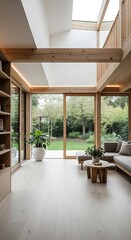 Fototapeta premium Modern minimalist living room with large windows, wooden beams, and natural light, overlooking a lush green garden, creating a serene and inviting atmosphere.