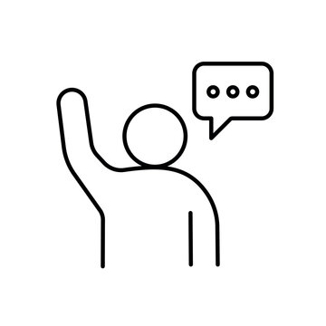 A vector icon representing safe to speak up with person raising hand and speech bubble, created in line style with editable stroke