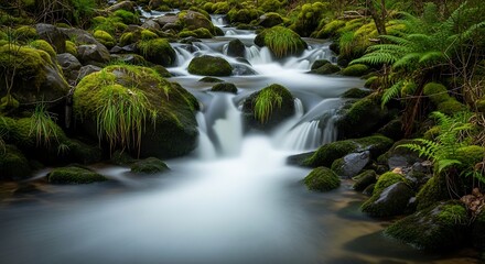 Fototapeta premium A serene forest stream flows over moss-covered rocks, surrounded by lush ferns and greenery.