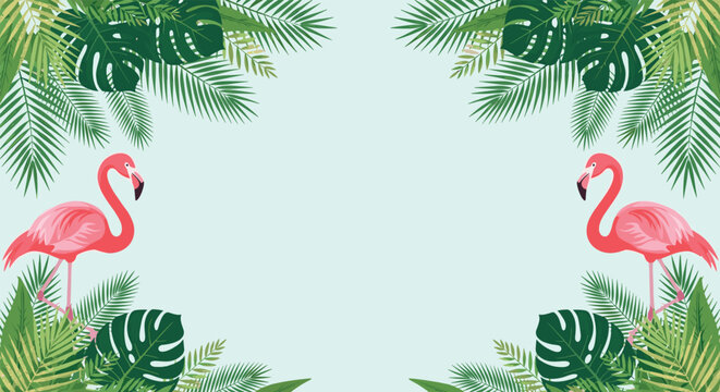 Tropical background featuring pink flamingos standing among lush green palm and monstera leaves on a light blue base.