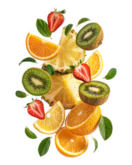 Obraz premium Floating pineapple, orange, lemon, kiwi and strawberry isolated on transparent background