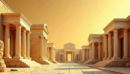 Naklejka premium Yellow background with building and pillars. Ancient Greece and Roman empire textured wallpaper. Copy space