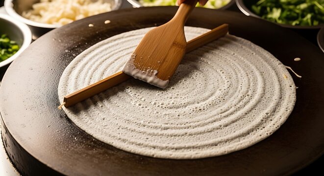 Spreading batter on a hot griddle with a wooden spatula to make a crepe or pancake
