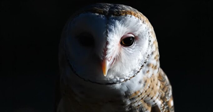 Majestic barn owl perched in low light, showcasing intricate feather patterns against dark backdrop