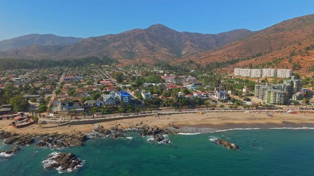 Aerial panoramic view of Papudo playa chica in Valpara&iacute;so, Chile