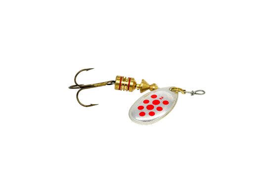 Metal Spinner Fishing Lure with Red Hinge and Treble Hook Isolated on White Background &ndash; Artificial Bait for Freshwater Angling and Sport Fishing Tackle