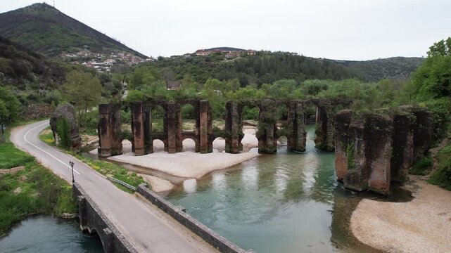 Roman Aqueduct of Nikopoli, Ancient Ruins Aerial Panoramic View in Preveza Region Greece